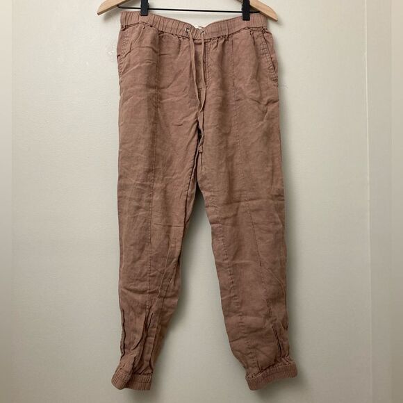 Cynthia Rowley 100% Linen Brown/Tan Lounge Drawstring Joggers Size Medium - Picture 1 of 6